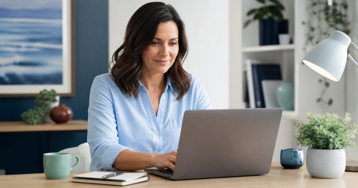 Small business owner using AI tools on a laptop in a home office