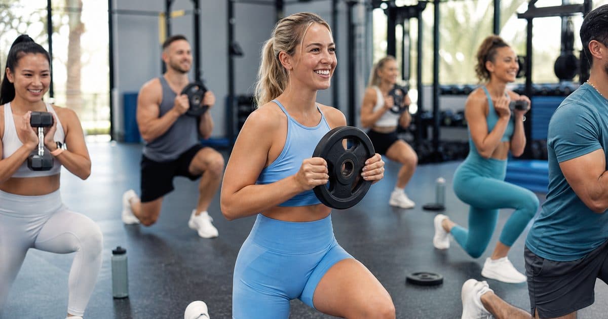Full group fitness class in a busy modern Australian gym