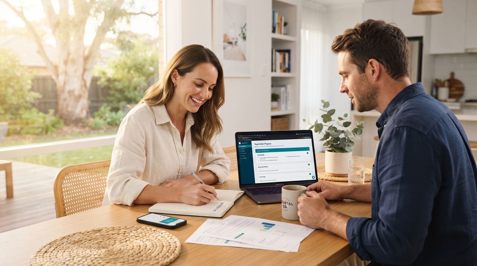 New Australian business owner at a desk planning their business setup with a laptop and notebook