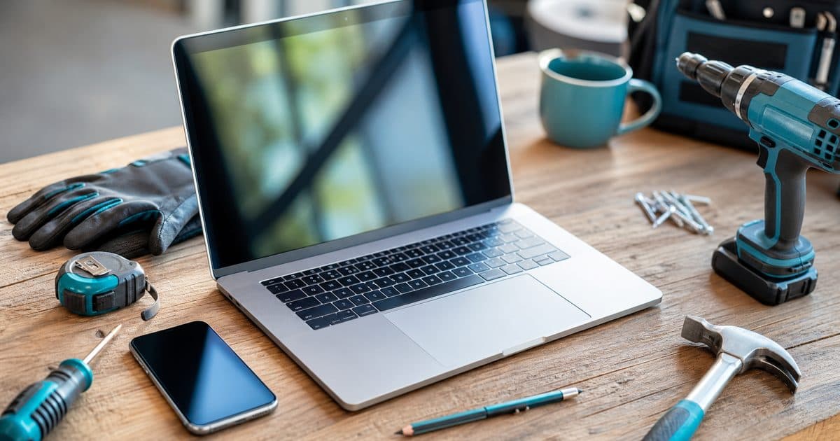 Trade business software on a laptop and phone on a tool-covered workbench