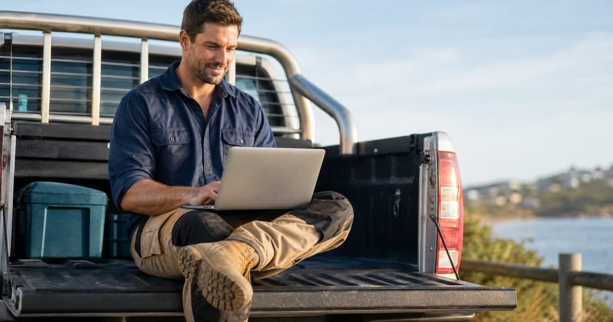 Tradie using a laptop to run marketing automation for his trade business