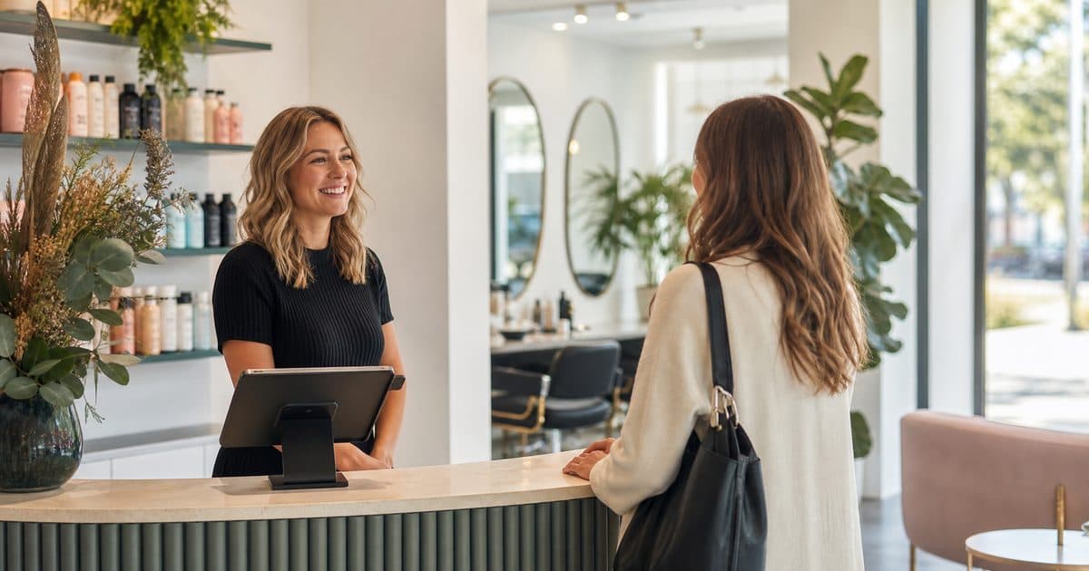 Hair salon stylist warmly greeting a returning client at a modern reception desk