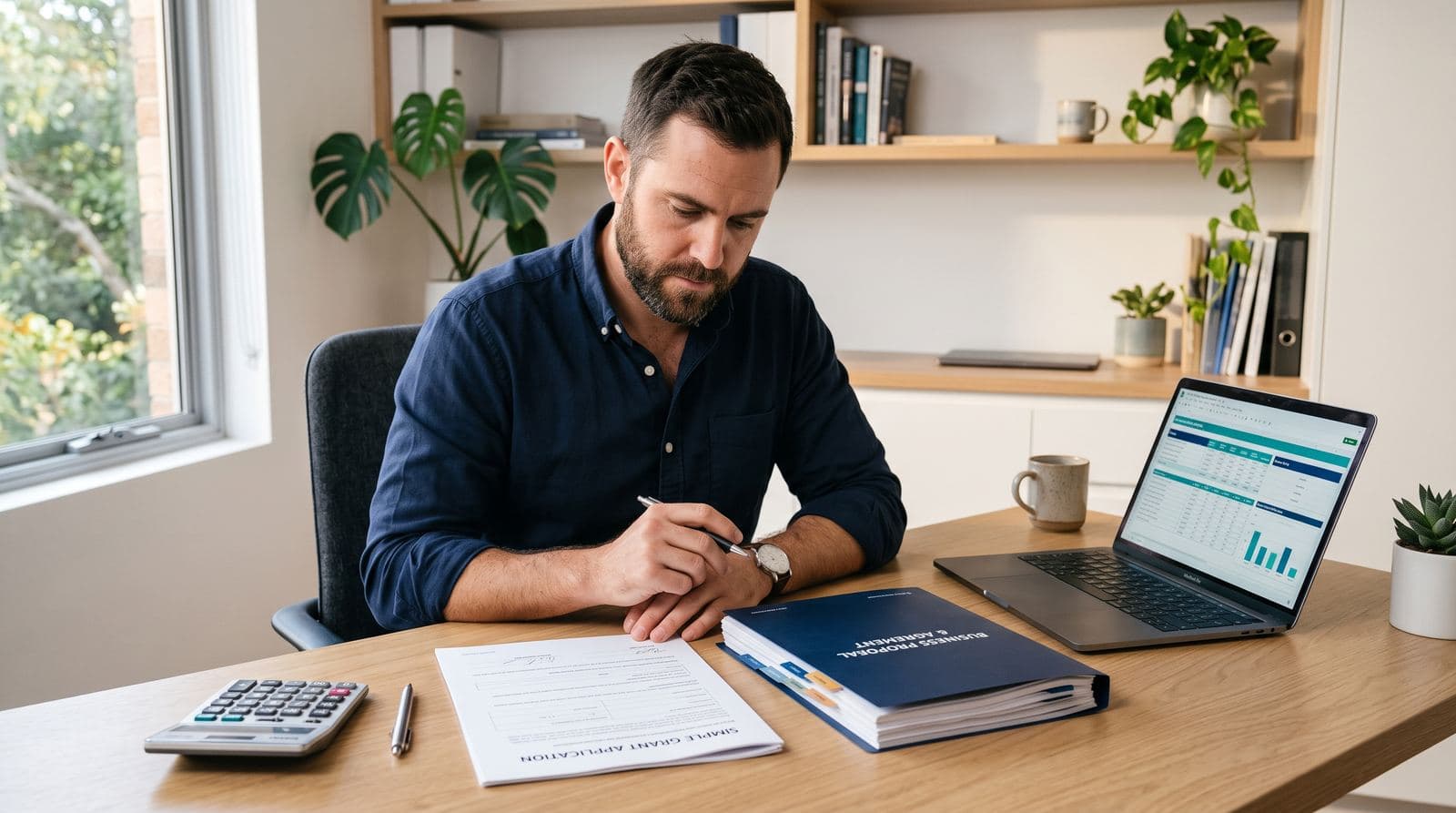 Australian business owner comparing sole trader and company paperwork at a desk